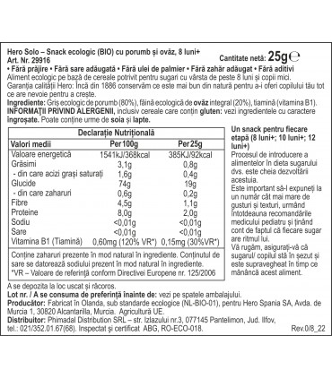 HERO SOLO BIO - SNACK PORUMB SI OVAZ, ECO, 25G, 8luni+