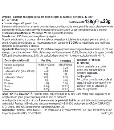 ORGANIX - BATOANE ECOLOGICE (BIO) ”CHOCO ORANGE” DIN OVAZ INTEGRAL CU CACAO  6X23G, 12luni+
