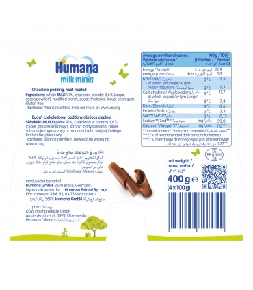 Humana Milk minis - Budinca cu ciocolata 4x100g, 10luni+