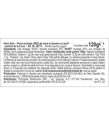HERO SOLO BIO - IAURT, MERE, BANANE, ECO, 120G, 6luni+