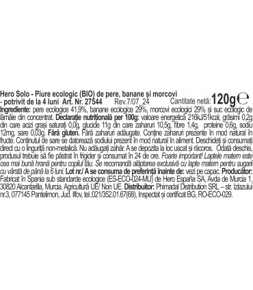 HERO SOLO BIO - PIURE ECOLOGIC (BIO) PERE ,BANANE SI MORCOVI, 120G, 4 luni+