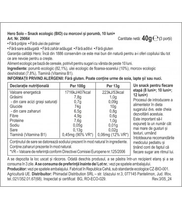 HERO SOLO BIO - SNACK MORCOV SI PORUMB, ECO, 40G, 10luni+