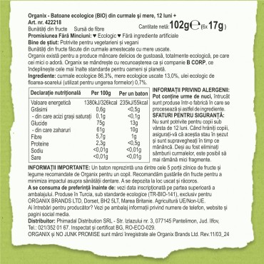 ORGANIX - BATOANE ECOLOGICE (BIO) DIN CURMALE SI MERE 6X17G, 12luni+