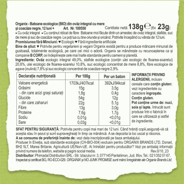 ORGANIX - BATOANE ECOLOGICE (BIO) DIN OVAZ INTEGRAL CU MERE SI COACAZE NEGRE 6X23G, 12luni+