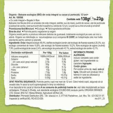 ORGANIX - BATOANE ECOLOGICE (BIO) ”CHOCO ORANGE” DIN OVAZ INTEGRAL CU CACAO  6X23G, 12luni+