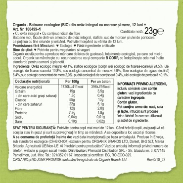 ORGANIX - BATON ECOLOGIC (BIO) DIN OVAZ INTEGRAL CU MORCOV SI MERE 23G, 12luni+