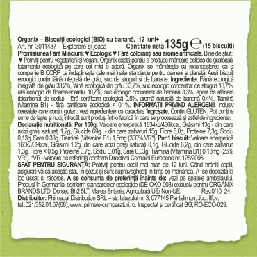 ORGANIX - BISCUITI ECOLOGICI (BIO) CU BANANA. 135g, 12luni+