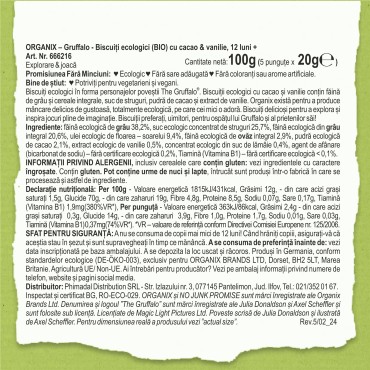 ORGANIX - GRUFFALO - BISCUITI ECOLOGICI (BIO) CU CACAO SI VANILIE, 5X20G, 12luni+
