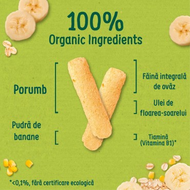 ORGANIX - SNACK BAGHETE ECOLOGICE (BIO) DIN PORUMB SI OVAZ CU BANANA, , 25G, 6luni+