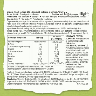 ORGANIX - SNACK ECOLOGIC (BIO) DIN PORUMB CU BRANZA SI PATRUNJEL, 4X15G, 10luni+