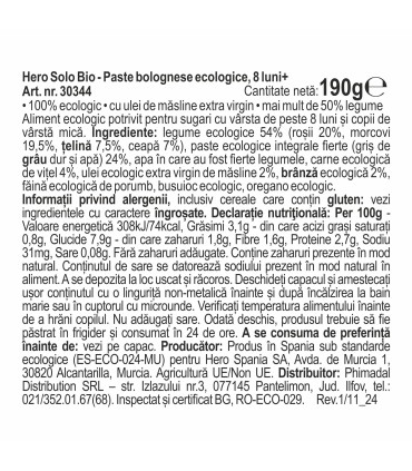 Hero Solo BIO - Meniu ecologic (BIO) paste bolognese, 8 luni+, 190g