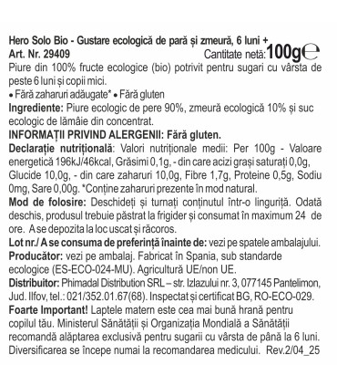 HERO SOLO BIO - Piure gustare pară și zmeură, 6 luni+, 100g