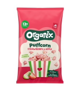 Organix Puffcorn - Snack BIO din porumb și orez cu căpșuni și mere, 12 luni+, 60g.