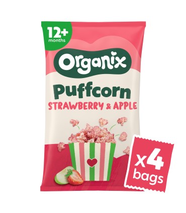 Organix Puffcorn - Snack BIO din porumb și orez cu căpșuni și mere, 12 luni+, 60g.