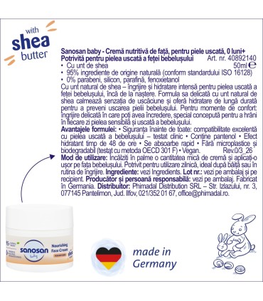 Sanosan baby – Crema nutritiva de fata, pentru piele uscata, 0 luni+, 50ml