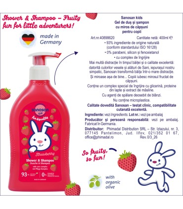 Sanosan Kids - Gel de duș și șampon cu miros de capsuni, 400ml