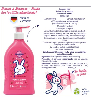 Sanosan Kids - Gel de duș și șampon cu miros de zmeură, 400ml