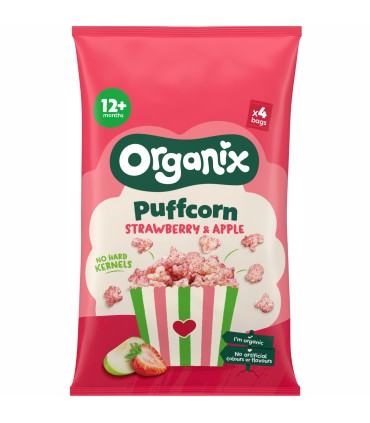 Organix - Snack BIO Puffcorn din porumb și orez cu căpșuni și mere, 12 luni+, 60g.