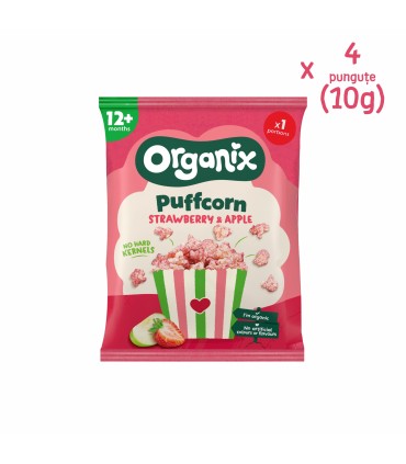 Organix - Snack BIO Puffcorn din porumb și orez cu căpșuni și mere, 12 luni+, 60g.