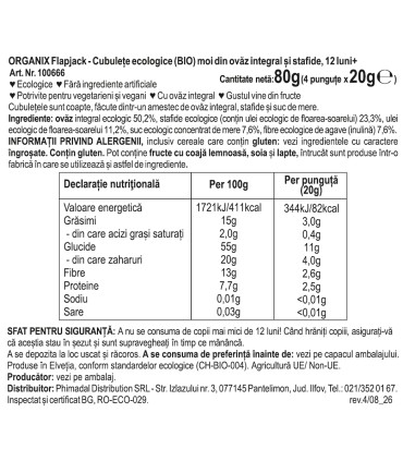 ORGANIX - FLAPJACK - CUBULETE ECOLOGICE (BIO) MOI DIN OVAZ INTEGRAL SI STAFIDE, 4X20G, 12luni+