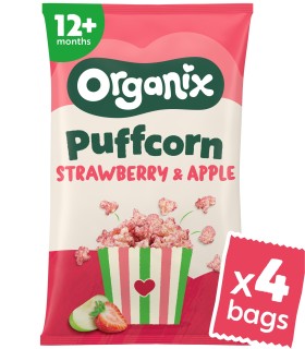 Organix - Snack BIO Puffcorn din porumb și orez cu căpșuni și mere, 12 luni+, 60g.