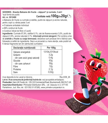 Goodies Snacks - Batoane din fructe - capsuni si curmale 5x20g