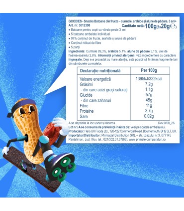 Goodies Snacks - Batoane din fructe - curmale, arahide si alune de padure 5x20g