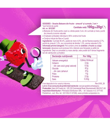 Goodies Snacks - Batoane din fructe - zmeura si curmale 5x20g