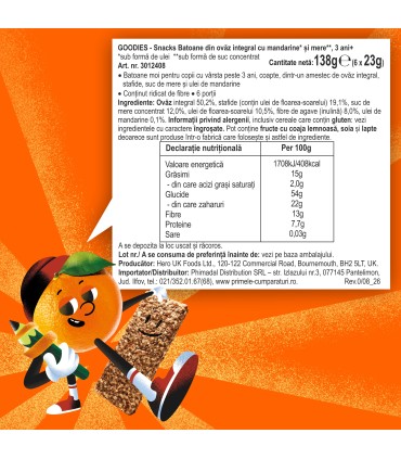 Goodies Snacks - Batoane din ovaz integral cu mandarine si mere, 6x23g