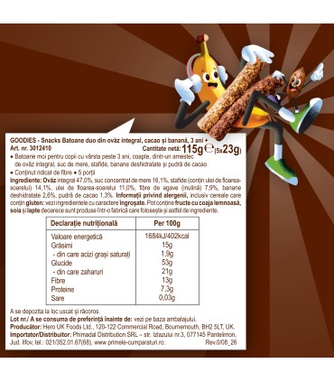 Goodies Snacks - Batoane duo din ovaz integral cacao si banana, 5x23g