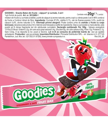 Goodies Snacks - Baton din fructe - capsuni si curmale, 20g