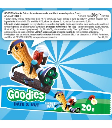 Goodies Snacks - Baton din fructe - curmale, arahide si alune de padure, 20g