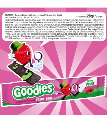Goodies Snacks - Baton din fructe - zmeura si curmale, 20g