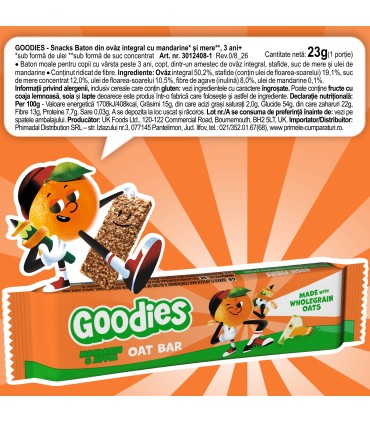 Goodies Snacks - Baton din ovaz integral cu mandarine si mere, 23g