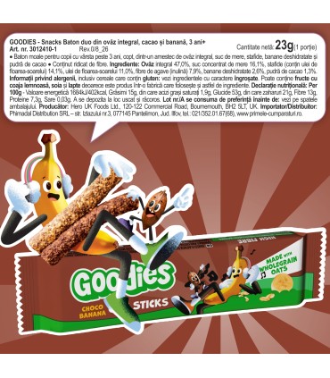 Goodies Snacks - Baton duo din ovaz integral cacao si banana, 23g