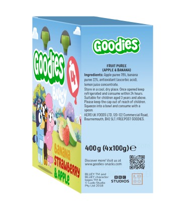 Goodies Snacks - Bluey - Piure de banane, capsuni si mere 4x100g