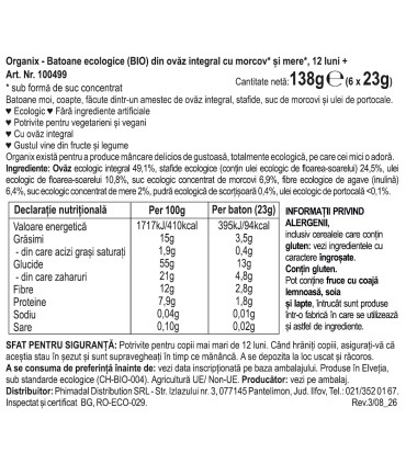 ORGANIX - BATOANE ECOLOGICE (BIO) DIN OVAZ INTEGRAL CU MORCOV SI MERE 6x23gG, 12luni+