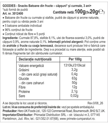 Goodies Snacks - Batoane din fructe - capsuni si curmale 5x20g
