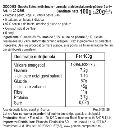 Goodies Snacks - Batoane din fructe - curmale, arahide si alune de padure 5x20g