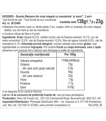 Goodies Snacks - Batoane din ovaz integral cu mandarine si mere, 6x23g