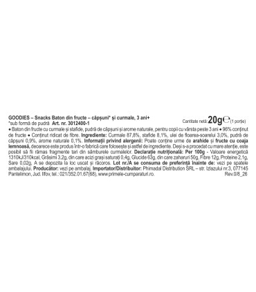 Goodies Snacks - Baton din fructe - capsuni si curmale, 20g