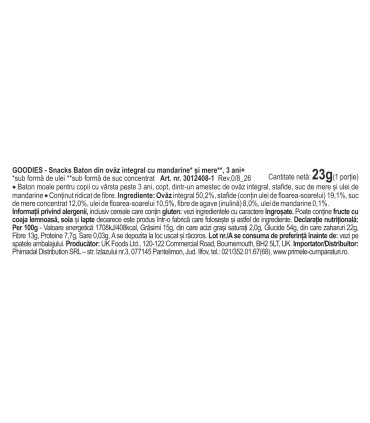 Goodies Snacks - Baton din ovaz integral cu mandarine si mere, 23g
