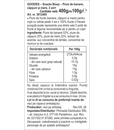 Goodies Snacks - Bluey - Piure de banane, capsuni si mere 4x100g