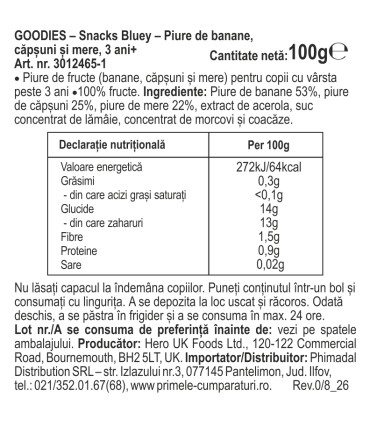 Goodies Snacks - Bluey - Piure de banane, capsuni si mere,100g