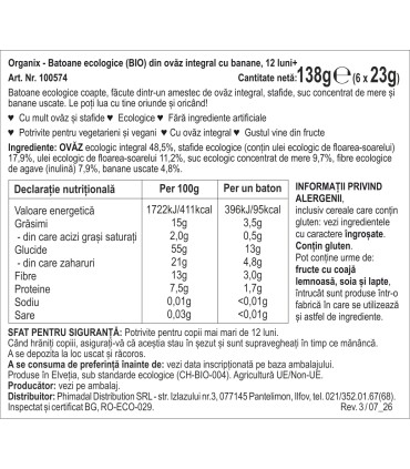 ORGANIX - BATOANE ECOLOGICE (BIO) DIN OVAZ INTEGRAL CU BANANE 6X23G, 12luni+