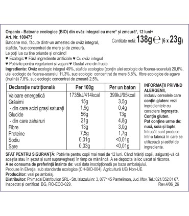 ORGANIX - BATOANE ECOLOGICE (BIO) DIN OVAZ INTEGRAL CU MERE SI ZMEURA 6X23G, 12luni+