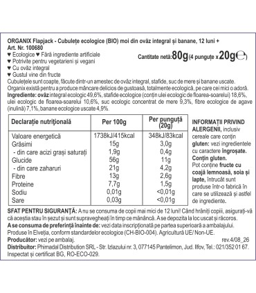 ORGANIX - FLAPJACK - CUBULETE ECOLOGICE (BIO) MOI DIN OVAZ INTEGRAL SI BANANE, 4X20G,  12luni+