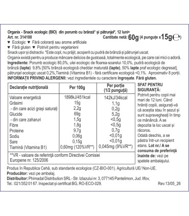 ORGANIX – SNACK ECOLOGIC (BIO) cu PORUMB, BRANZA SI PATRUNJEL, 4X15G, 10luni+
