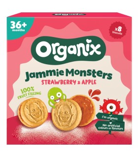 ORGANIX - Biscuiti ECOLOGICI (BIO) ”JAMMIE MONSTERS” CU UMPLUTURA DE CAPSUNI SI MERE, 64G, 36luni+