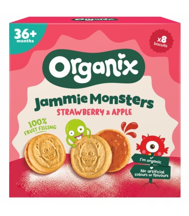 ORGANIX - Biscuiti ECOLOGICI (BIO) ”JAMMIE MONSTERS” CU UMPLUTURA DE CAPSUNI SI MERE, 64G, 36luni+